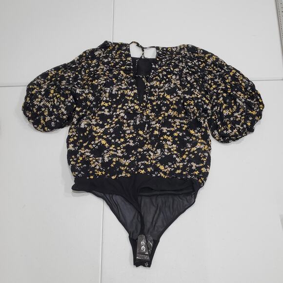 Intimately Free People Bodysuit Womens Large Black Floral Puff Sleeve Ruched - Picture 10 of 12